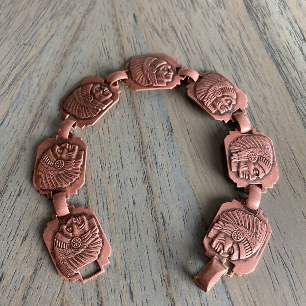 Copper Linked Bracelet Vintage Native American Rectangle Indian Chief Panels 7"